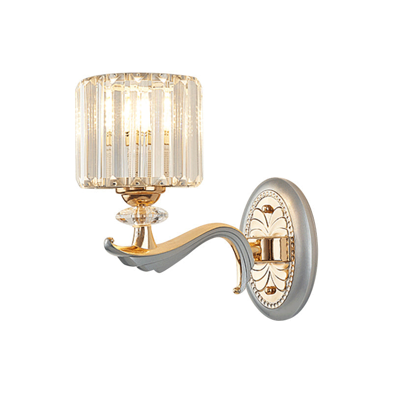 Contemporary Gold Wall Light With Clear Crystal Shade - Modernist 1/2-Head Cylinder Lamp