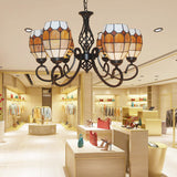 Vintage Oval Pendant Chandelier Lamp - 6/8 Lights Curved Arm & Brown Glass Design For Living Room