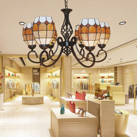 Vintage Oval Pendant Chandelier Lamp - 6/8 Lights Curved Arm & Brown Glass Design For Living Room
