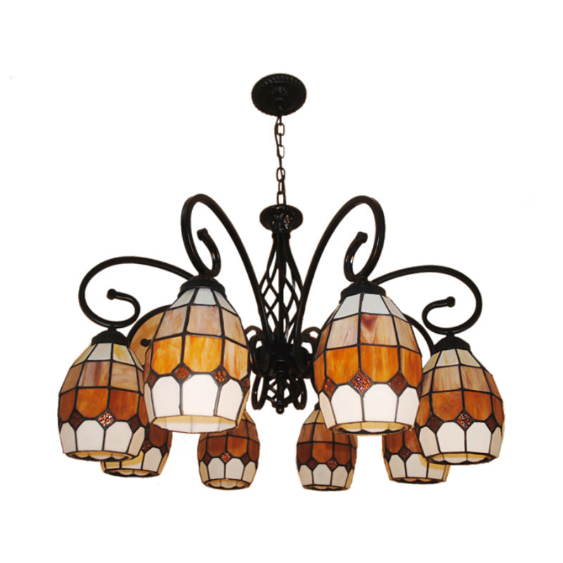 Vintage Oval Pendant Chandelier Lamp - 6/8 Lights Curved Arm & Brown Glass Design For Living Room