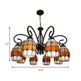 Vintage Oval Pendant Chandelier Lamp - 6/8 Lights Curved Arm & Brown Glass Design For Living Room