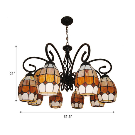 Vintage Oval Pendant Chandelier Lamp - 6/8 Lights Curved Arm & Brown Glass Design For Living Room