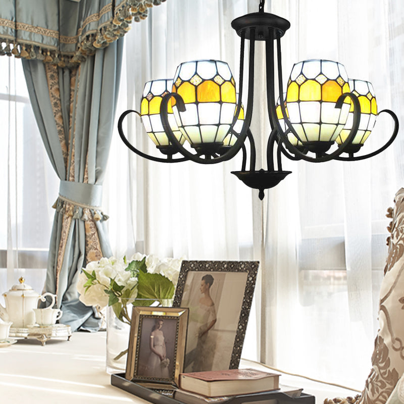 Yellow Stained Glass Oval Chandelier With Adjustable Chain - Ideal For Restaurants (6/8 Lights)