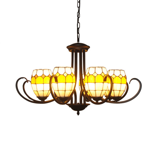 Yellow Stained Glass Oval Chandelier With Adjustable Chain - Ideal For Restaurants (6/8 Lights)