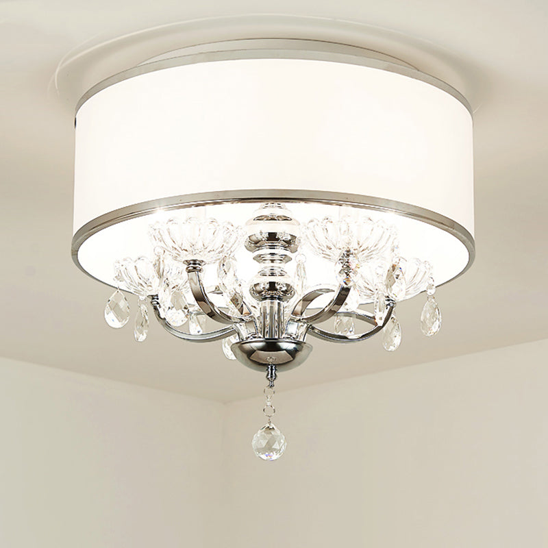 Modernist Metal 5 - Head Crystal Flushmount Ceiling Light With Drum Shade Chrome