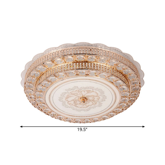 Modernist Gold Led Flush Mount Ceiling Fixture With Beveled Crystal & Flower Pattern