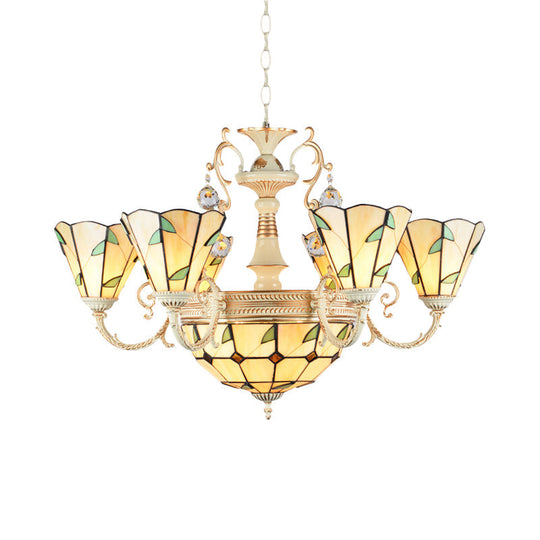 9/11 Lights Stained Glass Indoor Pendant Light: Cone And Dome Shade Rustic Beige Chandelier