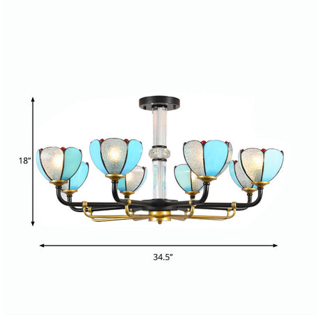 Blue Floral Chandelier Pendant Lighting Traditional Stained Glass 6/8 Lights For Living Room