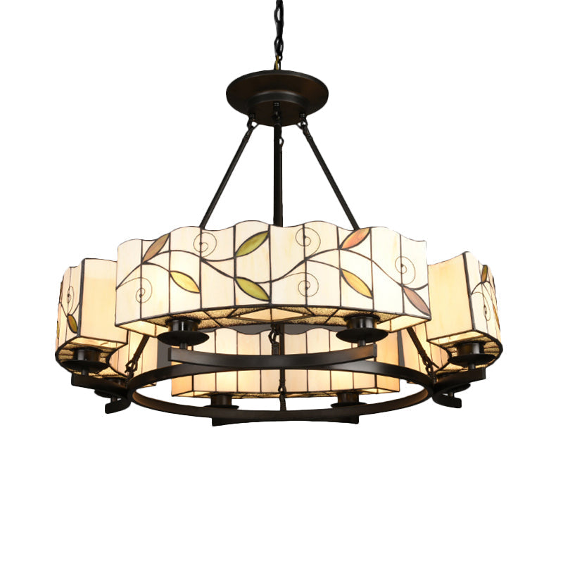 Tiffany Lodge Pendant Light - Stained Glass Drum Chandelier With Leaf Accent Adjustable Hanging In
