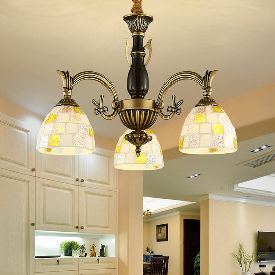 Traditional Shell Dome Suspension Lamp - Curved Arm 3-Light Pendant For Foyer White