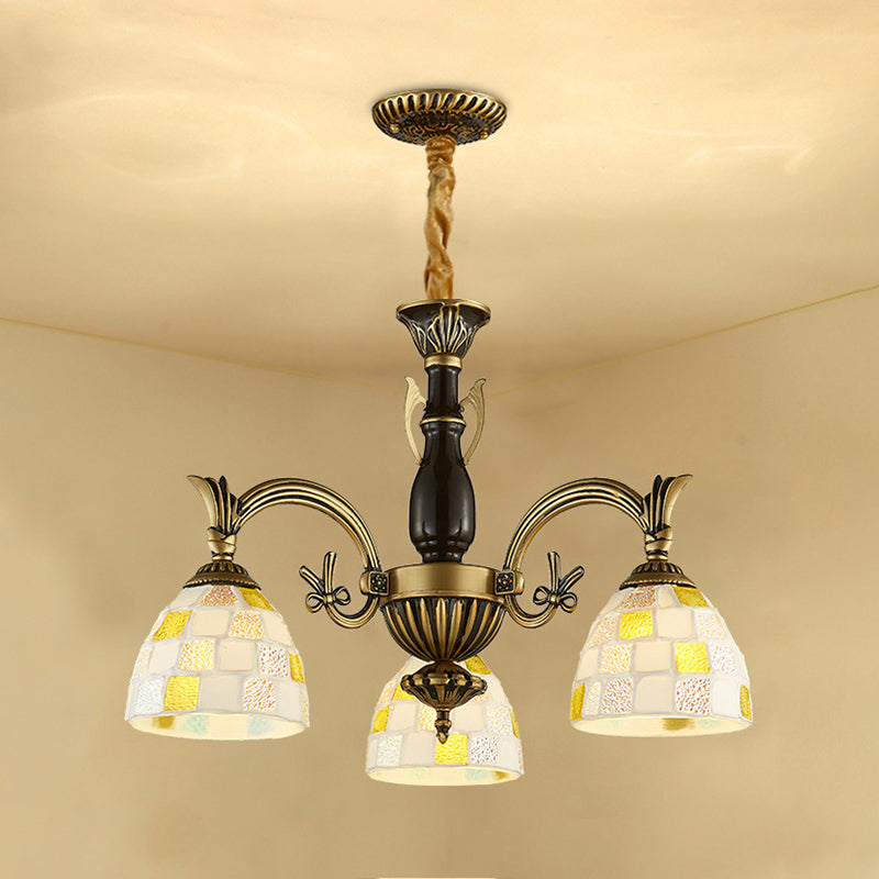 Traditional Shell Dome Suspension Lamp - Curved Arm 3-Light Pendant For Foyer
