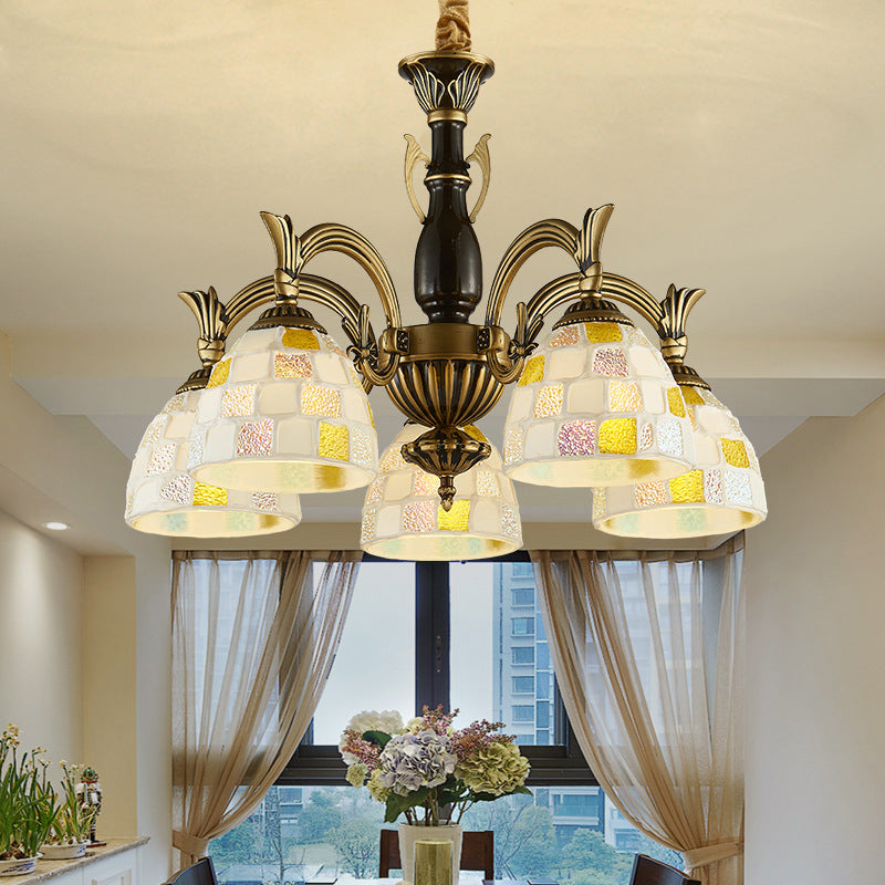 Vintage Stained Glass Mosaic Hanging Light - 5-Light Indoor Fixture For Living Room White