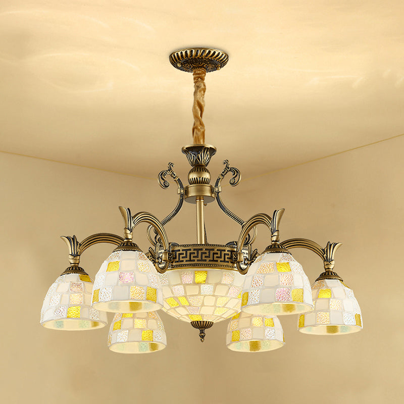 Mosaic Design Tiffany Chandelier With 6/8 Lights In Aged Brass And White Glass Pendant