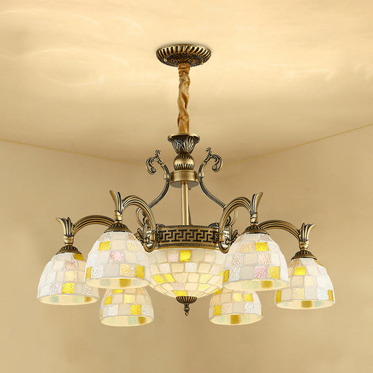 Mosaic Design Tiffany Chandelier With 6/8 Lights In Aged Brass And White Glass Pendant