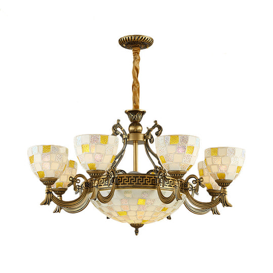 Mosaic Design Tiffany Chandelier With 6/8 Lights In Aged Brass And White Glass Pendant