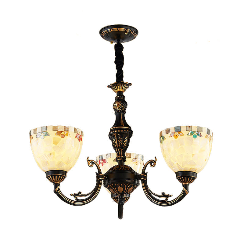 Traditional 3-Light Bowl Chandelier With Beige Glass For Dining Room Pendant Lighting