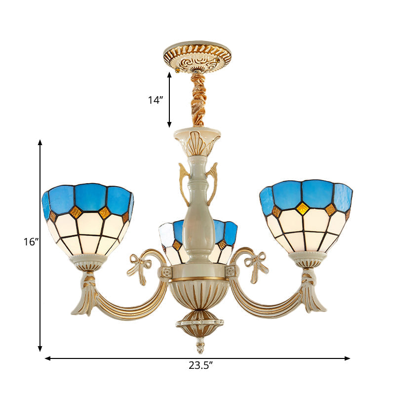Baroque Bowl Hanging Light With Curved Arm - 3-Light Stained Glass Chandelier In Blue