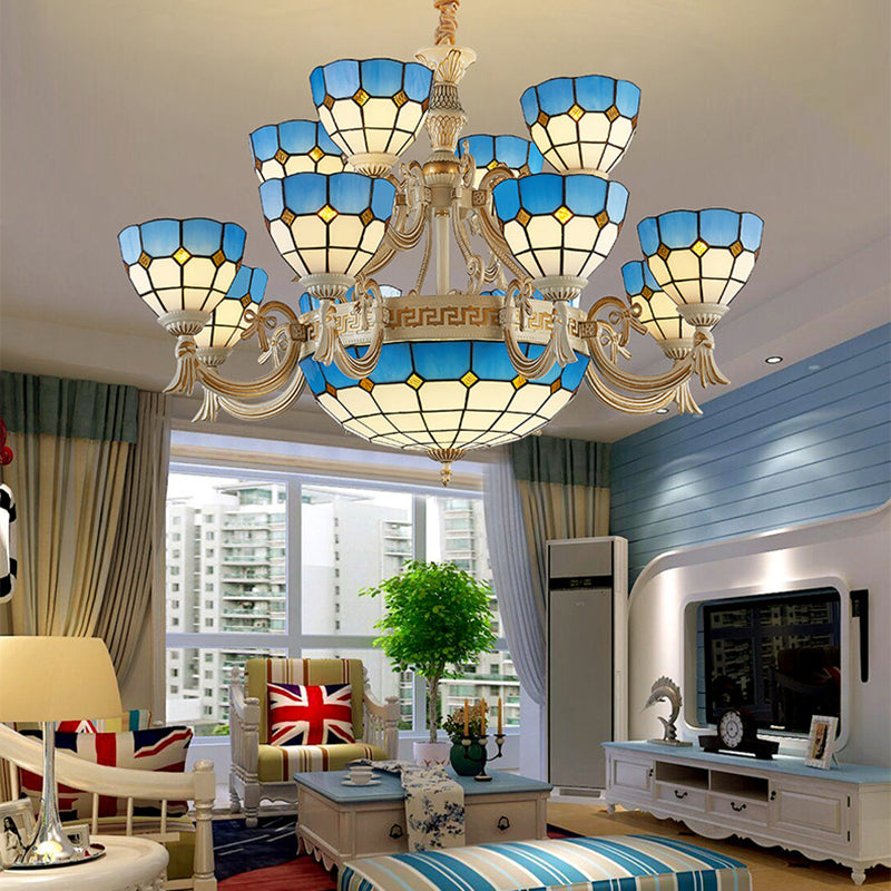 Blue Stained Glass Tiered Chandelier With 15 Lights For Living Room