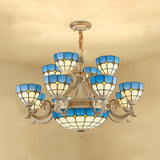Tiffany Stained Glass Tiered Ceiling Chandelier With 15 Blue Lights - Curved Arm Hanging Light For
