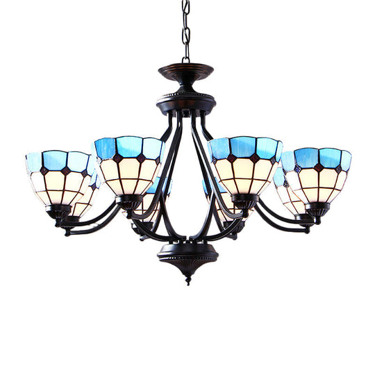 Blue Stained Glass Tiffany Pendant Chandelier Light With Upward 6/8 Lights