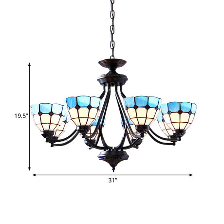 Blue Bowl Shade Tiffany Pendant Light - 6/8-Light Upward Chandelier With Stained Glass