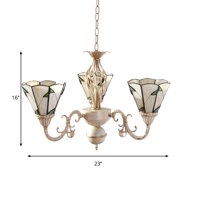 Lodge Conical Pendant Light - Adjustable Chain 3-Light Beige Stained Glass Chandelier