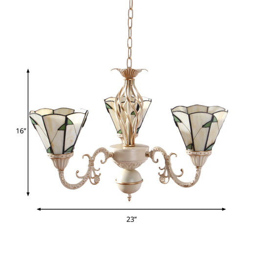 Lodge Conical Pendant Light - Adjustable Chain 3-Light Beige Stained Glass Chandelier