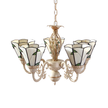 Rustic Green Leaf Chandelier With 5 Beige Glass Lights For Hall Ceiling