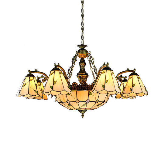 Tiffany Stained Glass Chandelier - 9/11 Lights Beige With Leaf Pattern