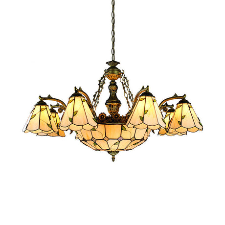 Stained Glass Conical Chandelier - Tiffany Style 9/11 Light Fixture With Leaf Pattern Beige Down