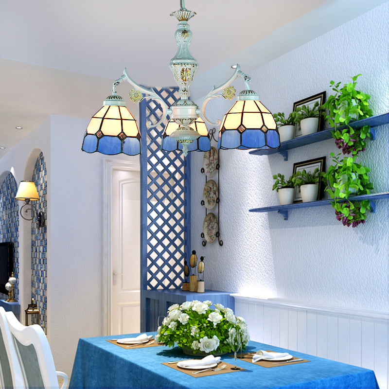 Blue Stained Glass Pendant Chandelier With Traditional Pattern For Indoor Dining / Diamond