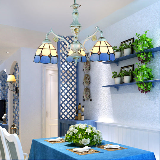 Blue Stained Glass Pendant Chandelier With Traditional Pattern For Indoor Dining / Diamond