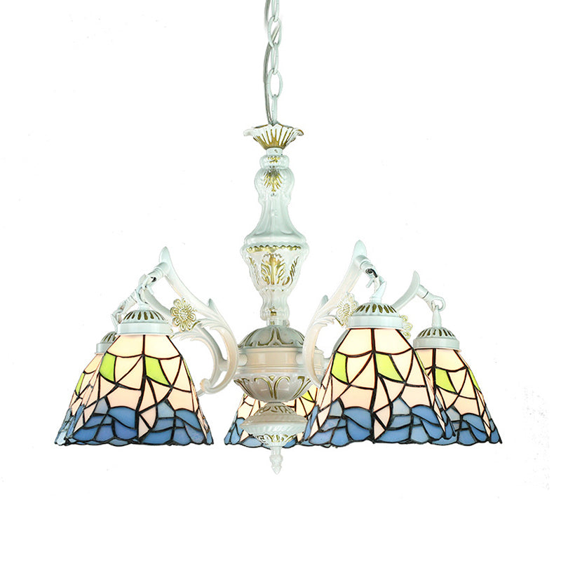 Blue Stained Glass 5-Light Chandelier With Adjustable Chain For Foyer