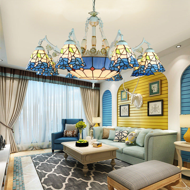 Tiffany Stained Glass Hanging Chandelier - 11 Light Pendant Ceiling With Flower/Square/Diamond/Gem