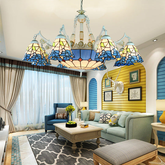 White Stained Glass Chandelier - 11 Lights Tiffany Pendant Ceiling Light With Floral & Geometric