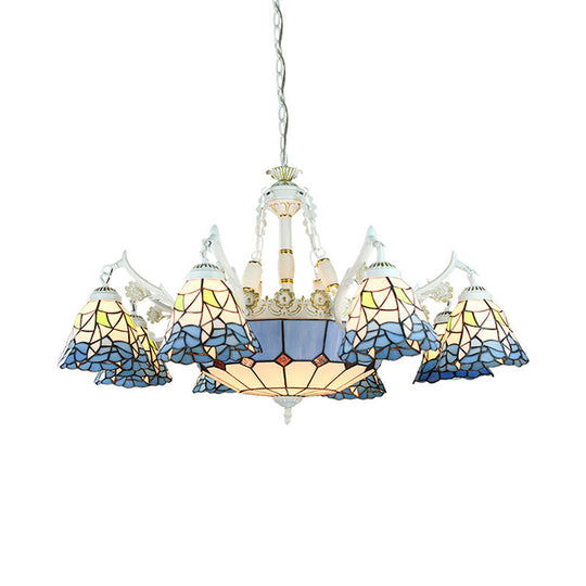 Tiffany Stained Glass Hanging Chandelier - 11 Light Pendant Ceiling With Flower/Square/Diamond/Gem