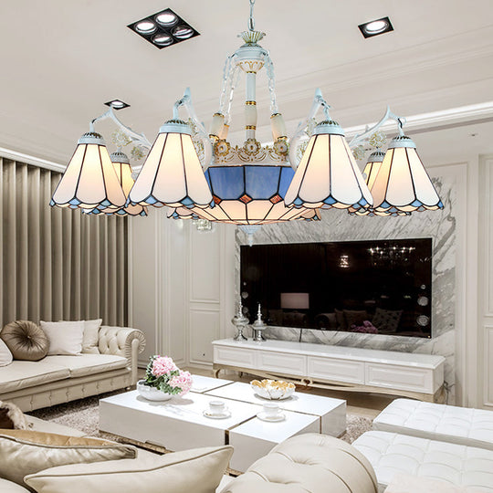 Tiffany Stained Glass Hanging Chandelier - 11 Light Pendant Ceiling With Flower/Square/Diamond/Gem