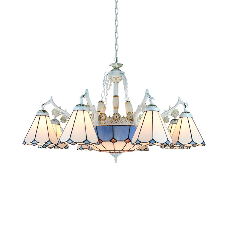 White Stained Glass Chandelier - 11 Lights Tiffany Pendant Ceiling Light With Floral & Geometric