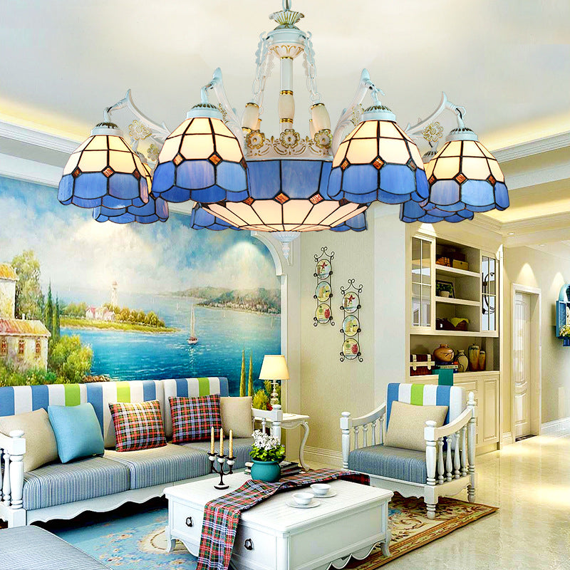 White Stained Glass Chandelier - 11 Lights Tiffany Pendant Ceiling Light With Floral & Geometric