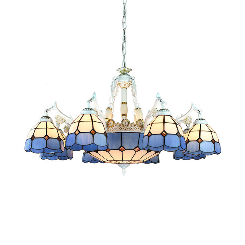 White Stained Glass Chandelier - 11 Lights Tiffany Pendant Ceiling Light With Floral & Geometric