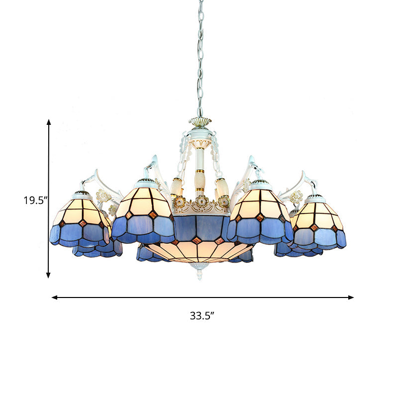 White Stained Glass Chandelier - 11 Lights Tiffany Pendant Ceiling Light With Floral & Geometric