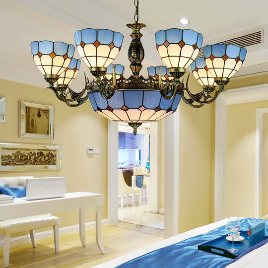 Lustre en verre taillé méditerranéen avec forme de bol bleu et 11 lumières