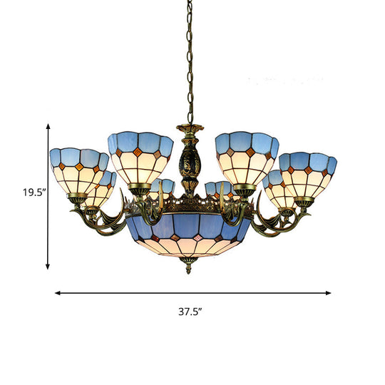 Lustre en verre taillé méditerranéen avec forme de bol bleu et 11 lumières