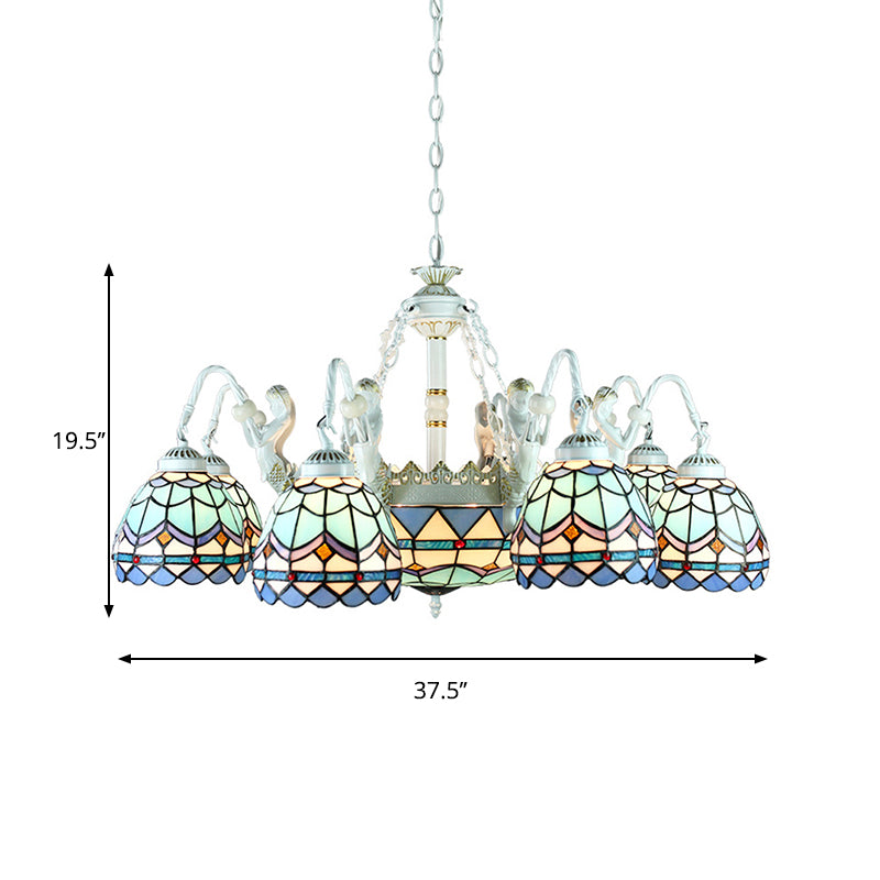 Tiffany Stained Glass Chandelier With Mediterranean Gem And Flower Design - 11-Light White Pendant