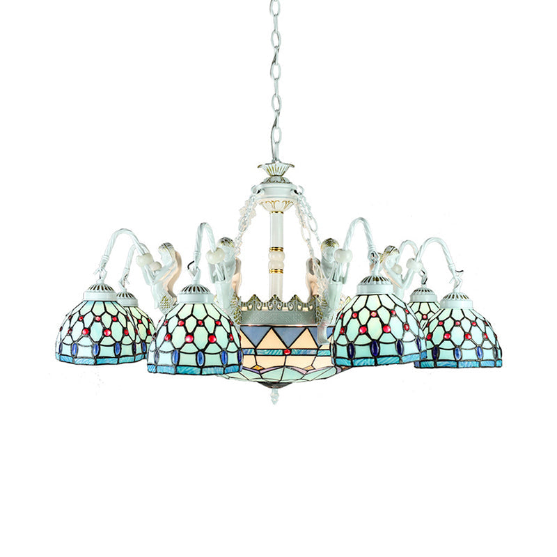 Tiffany Stained Glass Chandelier With Mediterranean Gem And Flower Design - 11-Light White Pendant