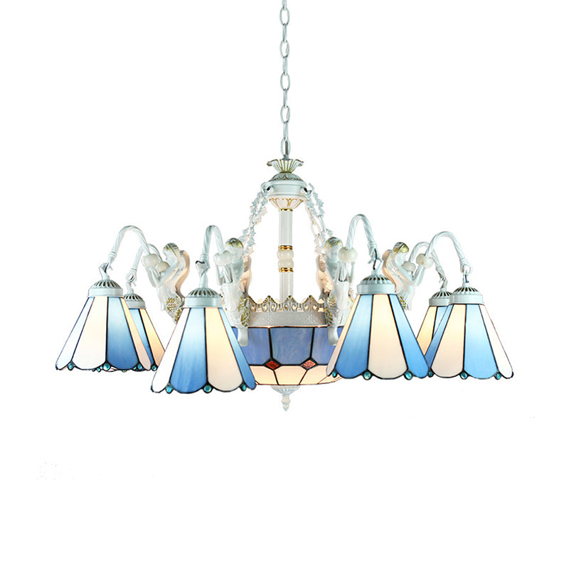 Tiffany Stained Glass Chandelier With Mediterranean Gem And Flower Design - 11-Light White Pendant