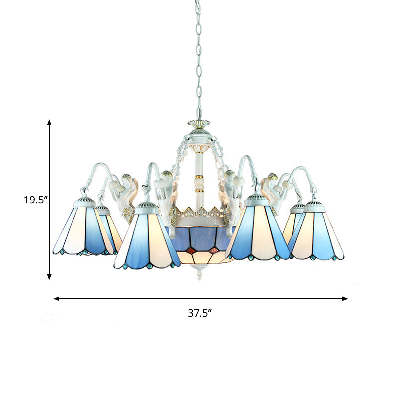 Tiffany Stained Glass Chandelier With Mediterranean Gem And Flower Design - 11-Light White Pendant