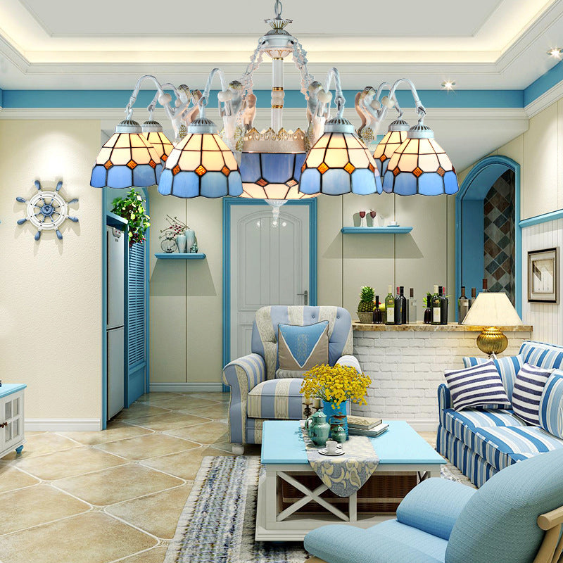 Tiffany Stained Glass Chandelier With Mediterranean Gem And Flower Design - 11-Light White Pendant