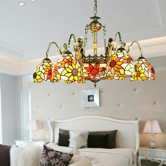 Sunflower Tiffany Cut Glass Pendant Chandelier With 9/11 Tribute Lights In Orange For Bedroom