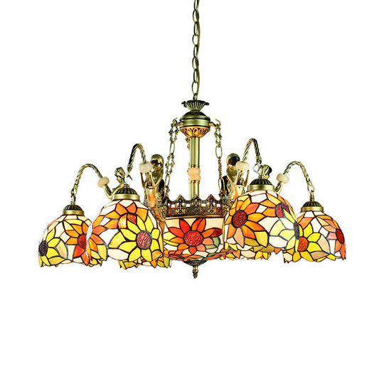 Sunflower Tiffany Cut Glass Pendant Chandelier With 9/11 Tribute Lights In Orange For Bedroom